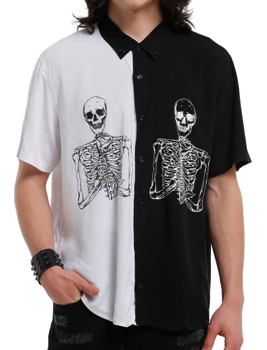 Black & White Skeletons Split Woven Button-Up - US 6779