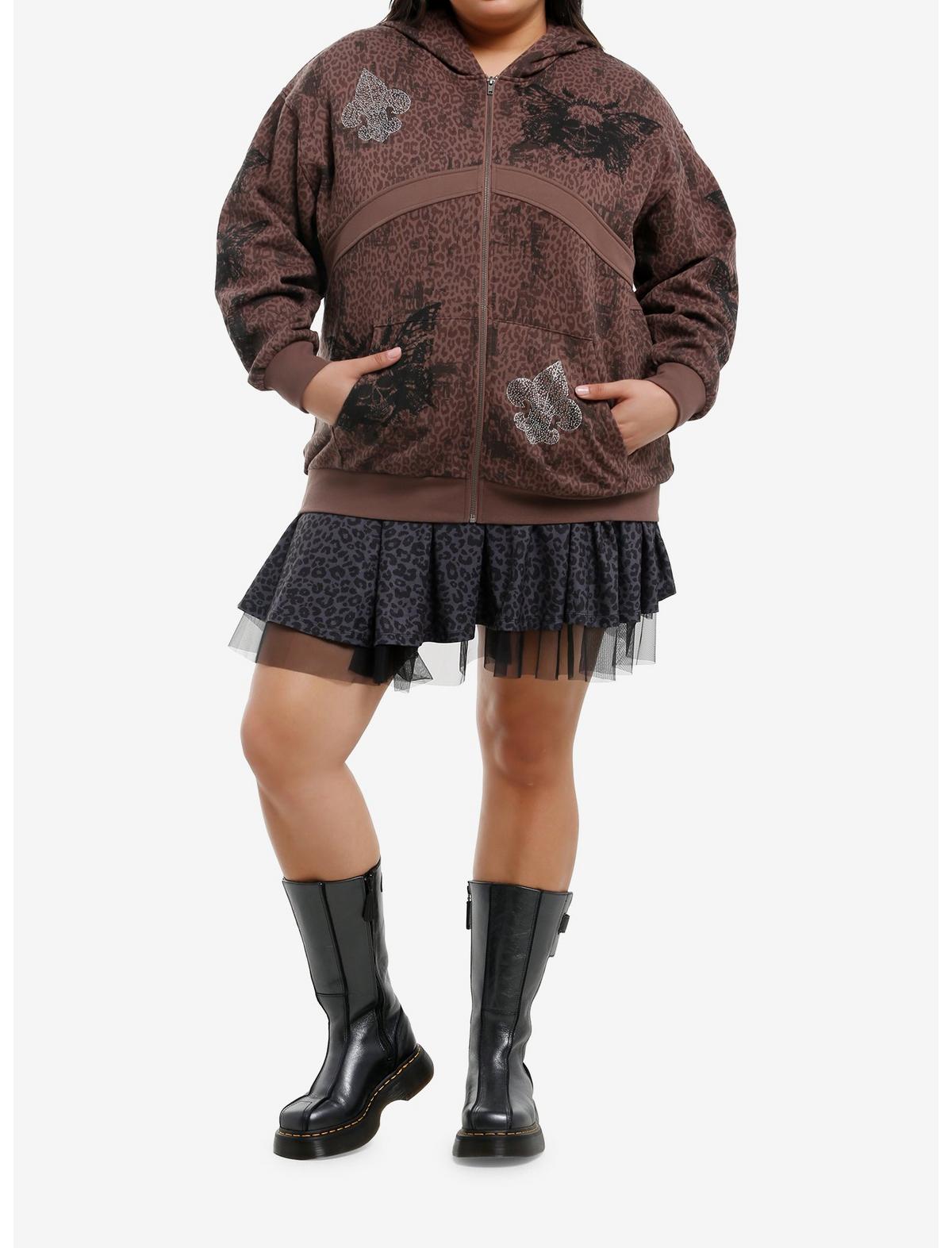Brown Leopard Butterfly Skull Girls Hoodie Plus Size - US 3823