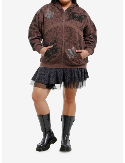 Brown Leopard Butterfly Skull Girls Hoodie Plus Size - US 3823