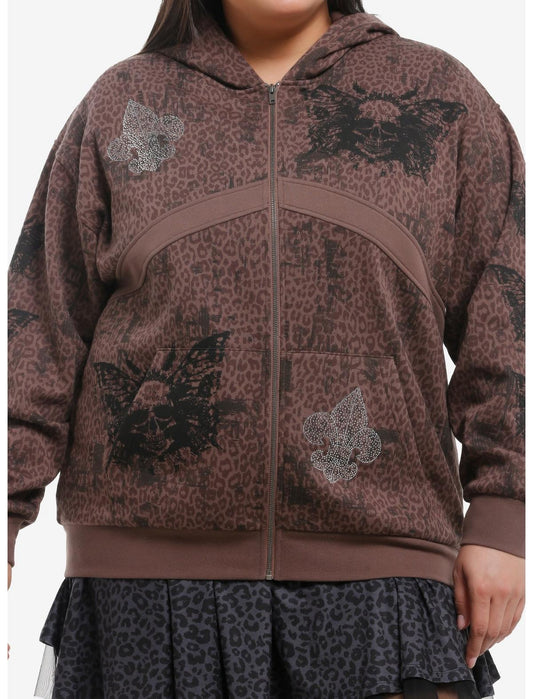 Brown Leopard Butterfly Skull Girls Hoodie Plus Size - US 3823