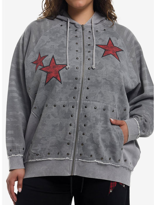 Grey Wash Red Star Stud Girls Hoodie Plus Size - US 1875