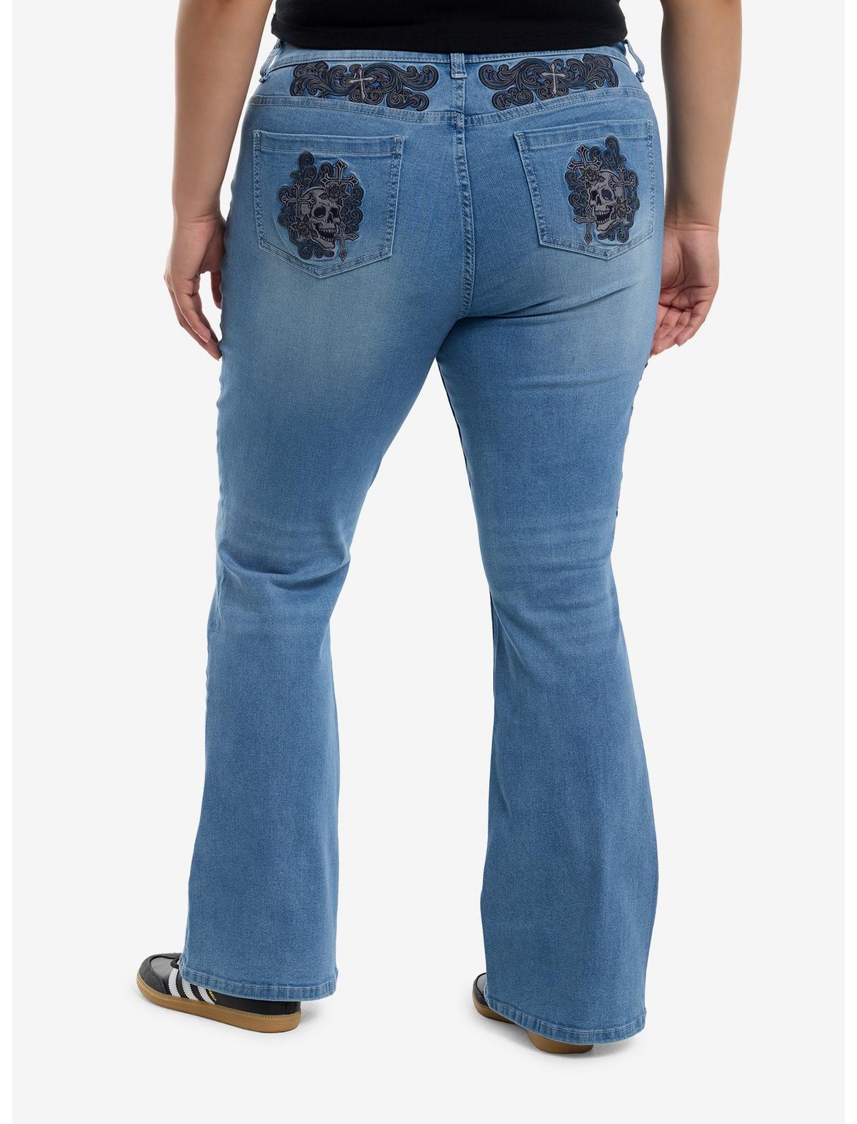 Light Wash Cross Skull Patch Flare Jeans Plus Size - US 1848