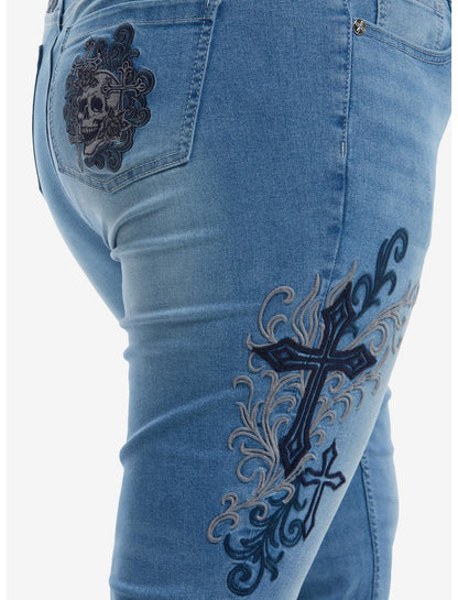 Light Wash Cross Skull Patch Flare Jeans Plus Size - US 1848