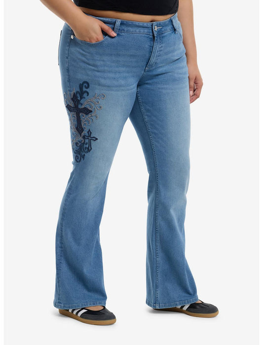 Light Wash Cross Skull Patch Flare Jeans Plus Size - US 1848