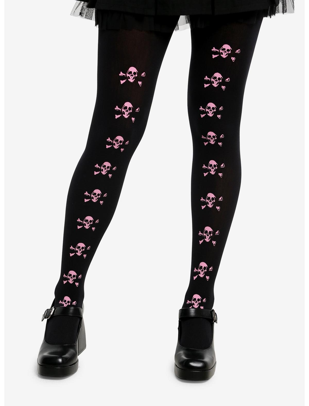 Black & Pink Skull & Crossbones Tights - US 9433