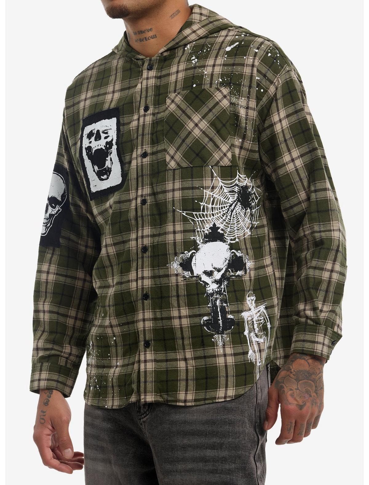 Green Plaid Skull Patches Hooded Flannel Button-Up - US 2539