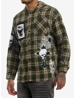 Green Plaid Skull Patches Hooded Flannel Button-Up - US 2539