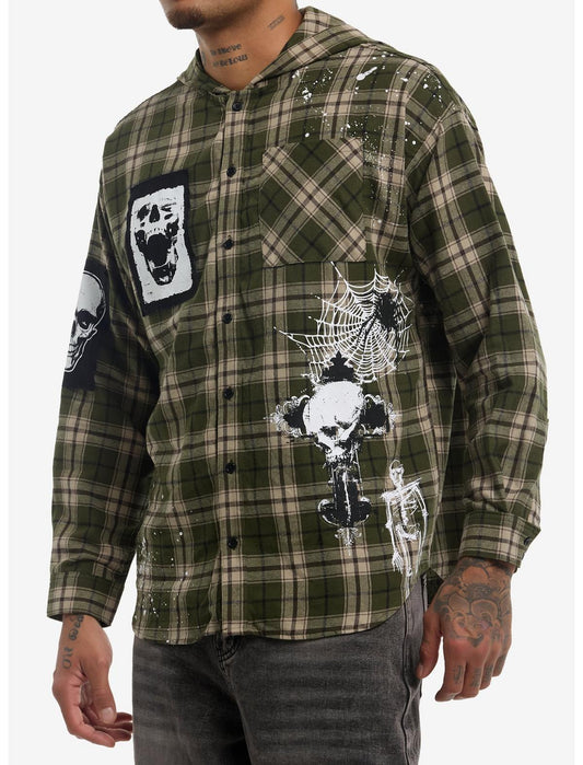 Green Plaid Skull Patches Hooded Flannel Button-Up - US 2539