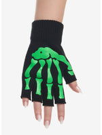Black & Green Skeleton Glow-In-The-Dark Fingerless Gloves - US 0034
