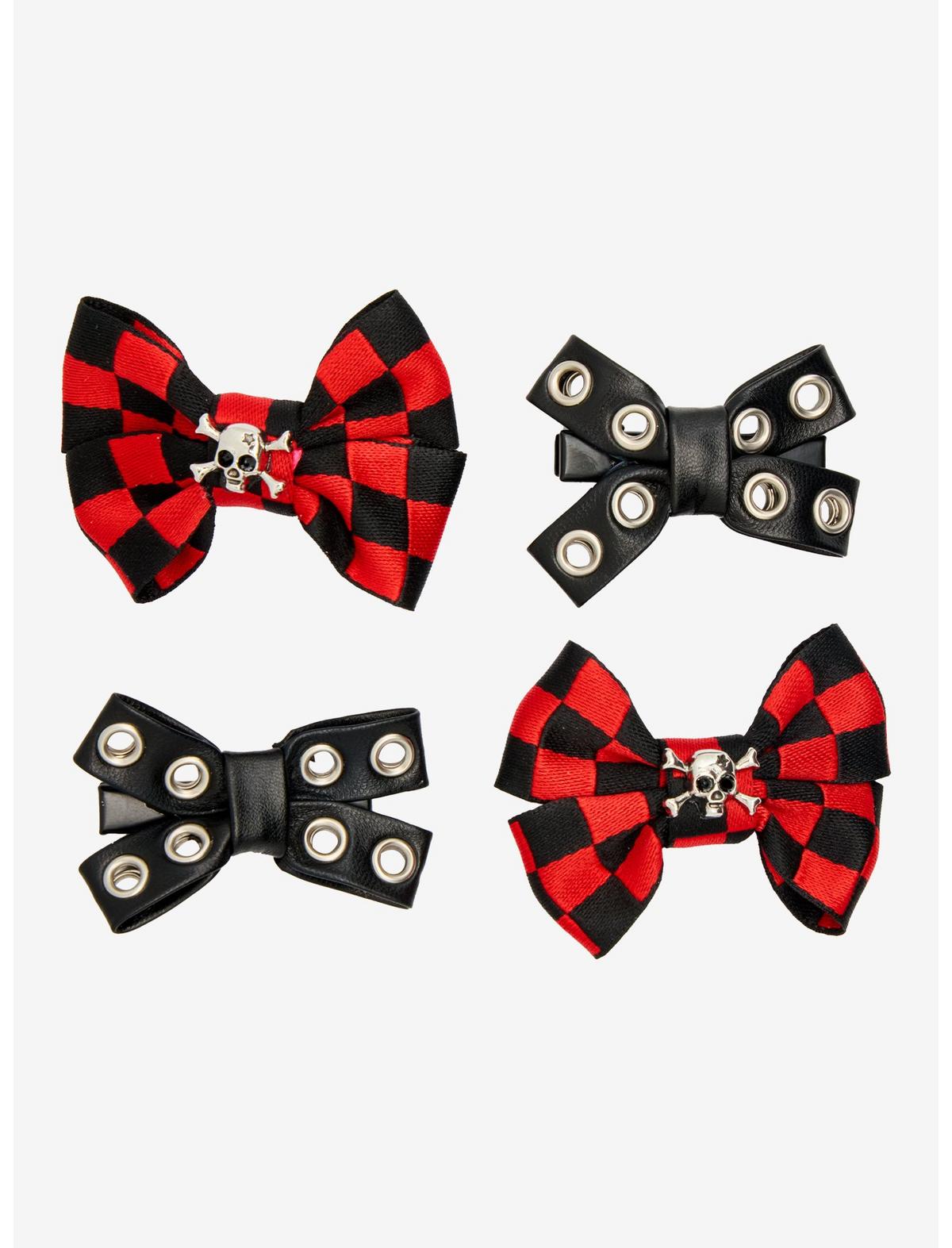 Black & Red Checkered Grommet Hair Bow Set - US 3493