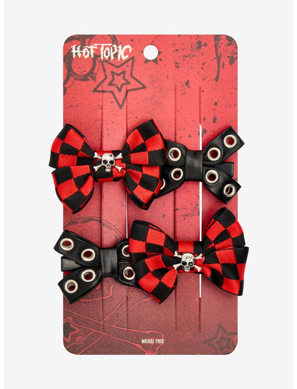 Black & Red Checkered Grommet Hair Bow Set - US 3493