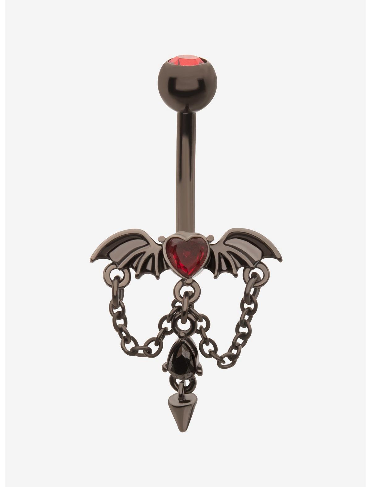 14G Steel Black Winged Heart Navel Barbell - US 7073