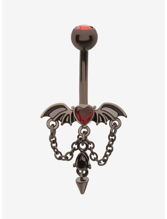 14G Steel Black Winged Heart Navel Barbell - US 7073