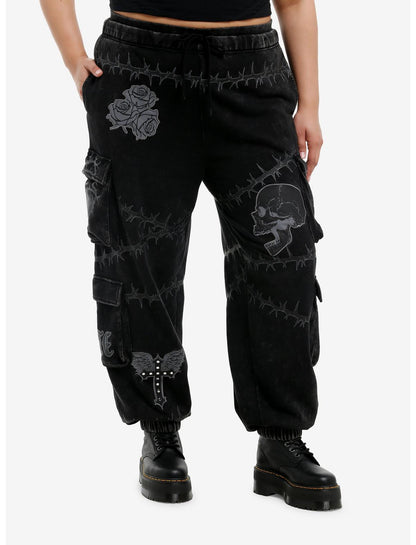 Barbed Wire Skull Icons Dark Wash Jogger Sweatpants Plus Size - US 5140