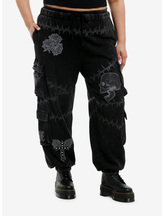 Barbed Wire Skull Icons Dark Wash Jogger Sweatpants Plus Size - US 5140