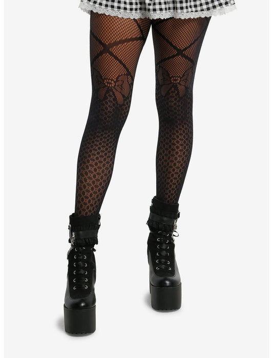 Black Faux Bow Lace-Up Fishnet Tights - US 3302