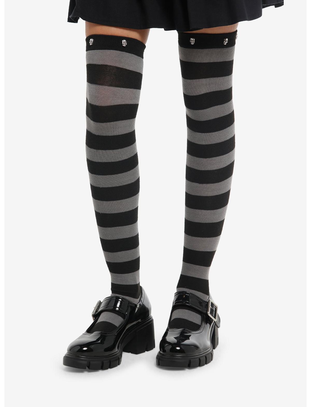 Black & Grey Stripe Skull Over-The-Knee Socks - US 6171