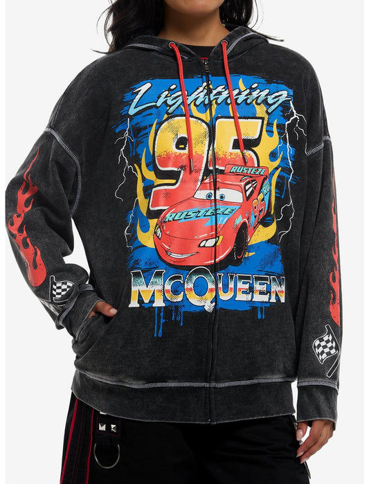 Disney Pixar Cars Lightning McQueen Dark Wash Girls Oversized Hoodie - US 8495