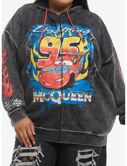 Disney Pixar Cars Lightning McQueen Dark Wash Girls Oversized Hoodie Plus Size - US 5608
