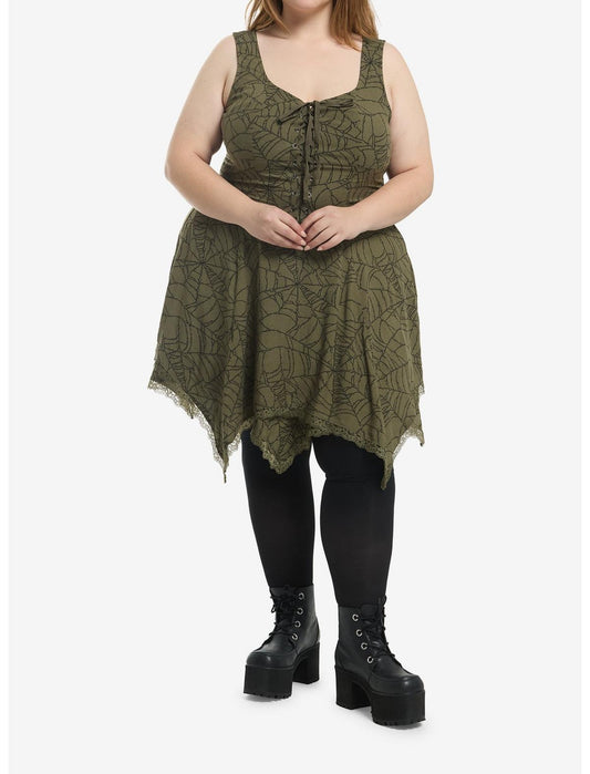 Cosmic Aura Green Chain Spiderweb Hanky Hem Dress Plus Size - US 7219