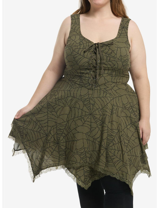 Cosmic Aura Green Chain Spiderweb Hanky Hem Dress Plus Size - US 7219
