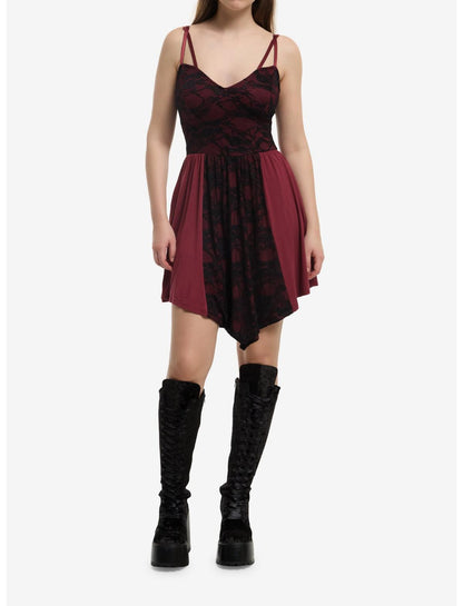 Maroon & Black Lace Panel Cami Dress - US 2144