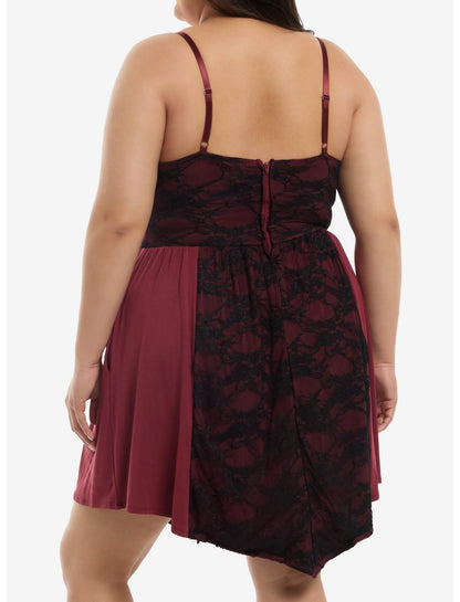 Maroon & Black Lace Panel Cami Dress Plus Size - US 1853