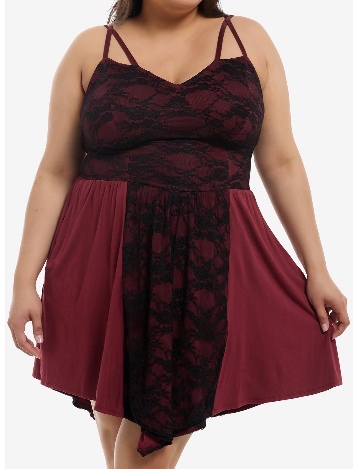 Maroon & Black Lace Panel Cami Dress Plus Size - US 1853