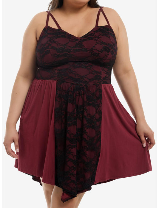 Maroon & Black Lace Panel Cami Dress Plus Size - US 1853