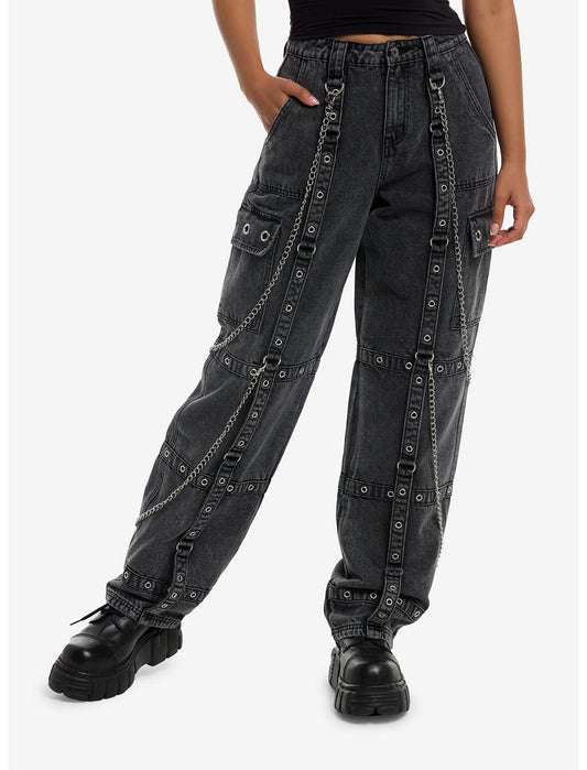 Grey Wash Grommet Strap Side Chain Carpenter Pants - US 4943