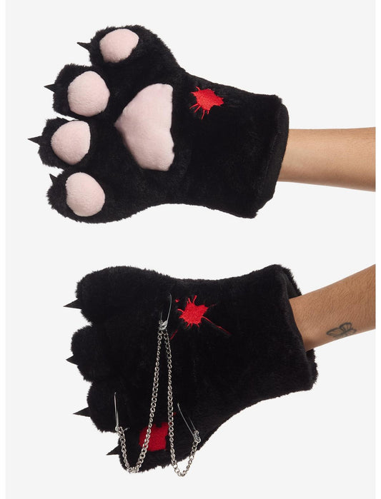 Blood Splatter Chain Hardware Fuzzy Cat Paw Gloves - US 3685