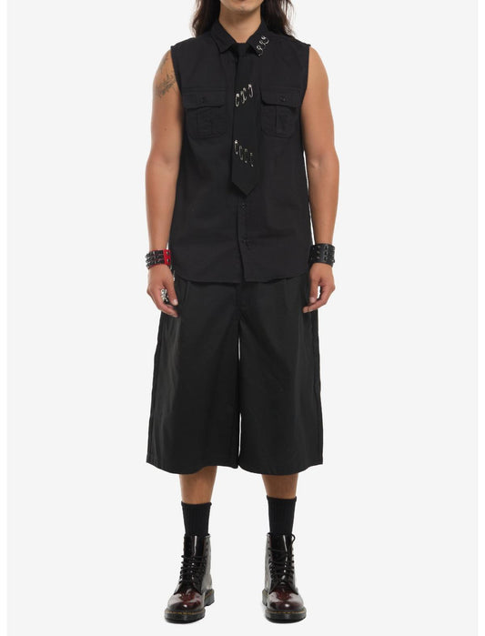 Black Pierced Sleeveless Woven Button-Up With Tie - US 5948