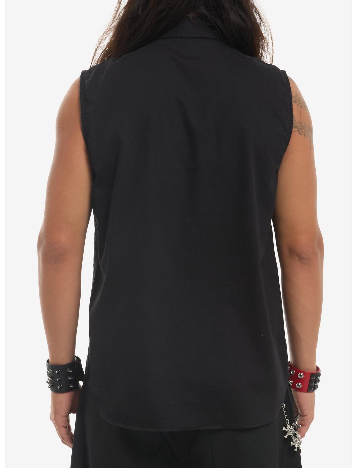 Black Pierced Sleeveless Woven Button-Up With Tie - US 5948
