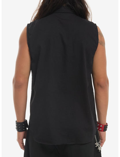 Black Pierced Sleeveless Woven Button-Up With Tie - US 5948