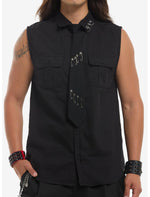 Black Pierced Sleeveless Woven Button-Up With Tie - US 5948