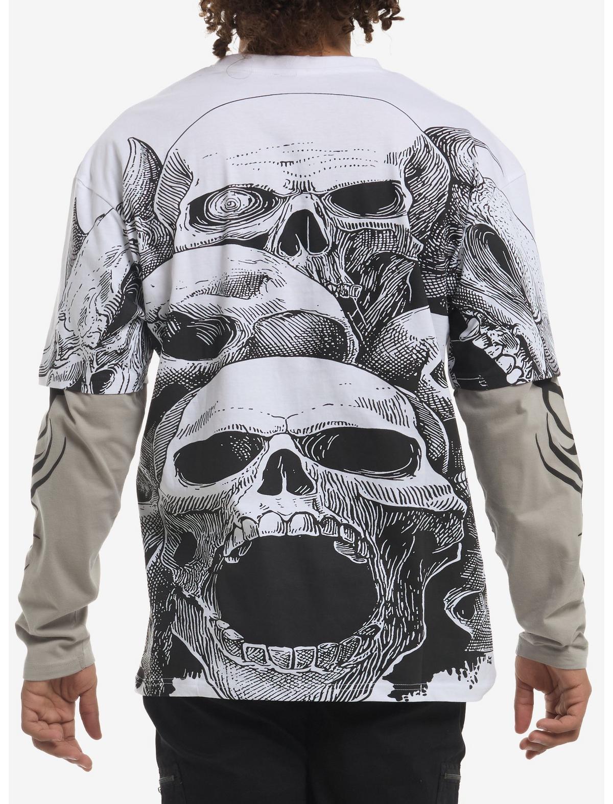 Cyber Skull White & Grey Twofer Long-Sleeve T-Shirt - US 8326