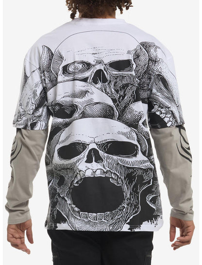 Cyber Skull White & Grey Twofer Long-Sleeve T-Shirt - US 8326