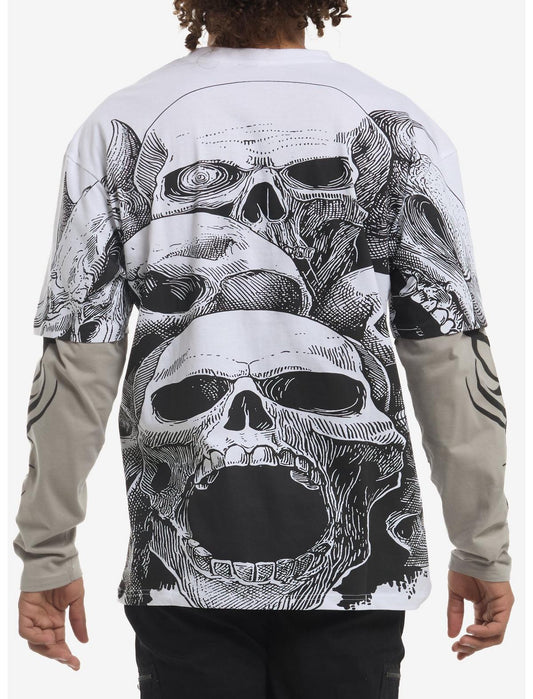 Cyber Skull White & Grey Twofer Long-Sleeve T-Shirt - US 8326
