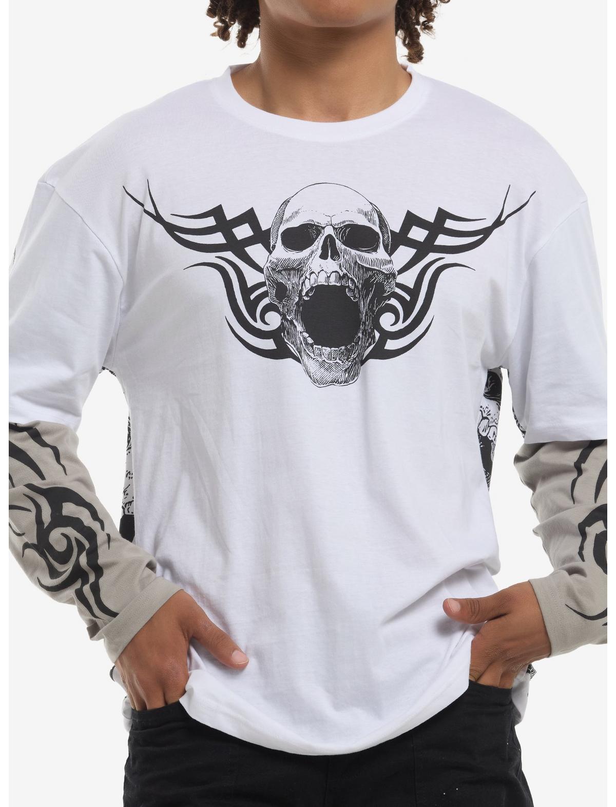 Cyber Skull White & Grey Twofer Long-Sleeve T-Shirt - US 8326