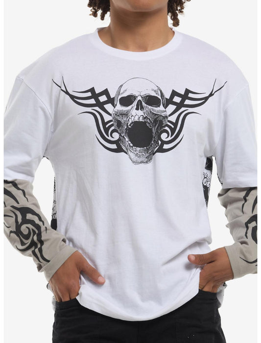 Cyber Skull White & Grey Twofer Long-Sleeve T-Shirt - US 8326