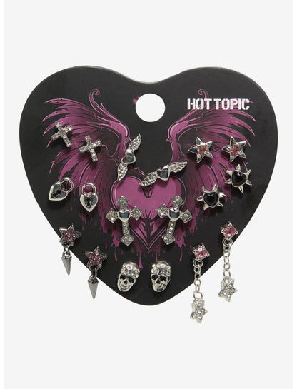Cross Winged Heart Star Rhinestone Stud Earring Set - US 5945