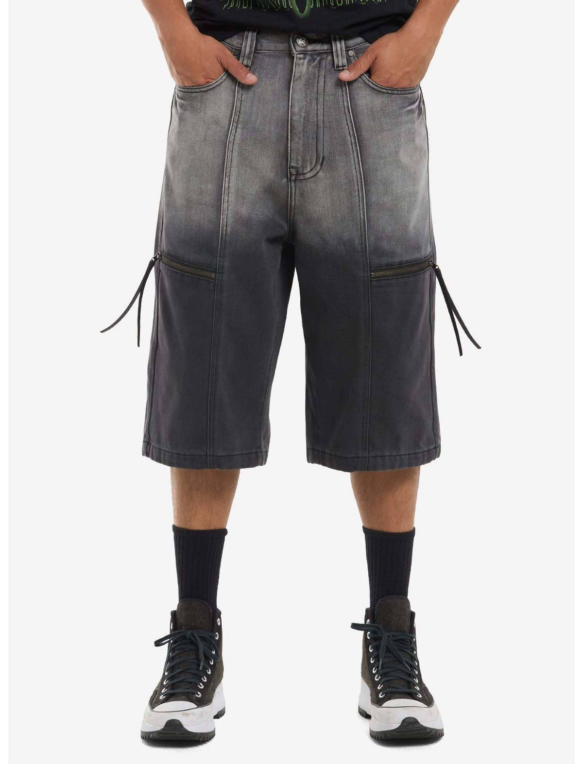 Grey & Black Dip-Dye Zipper Cargo Jorts - US 9638