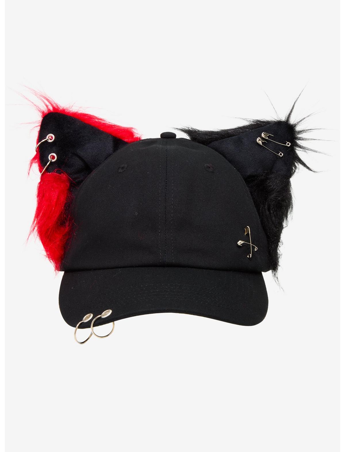 Black & Red Pierced Fuzzy Ears Dad Cap - US 1639