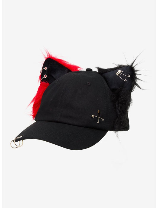 Black & Red Pierced Fuzzy Ears Dad Cap - US 1639