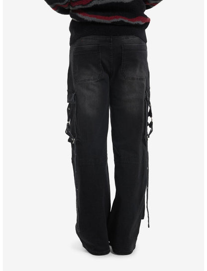 Dark Wash Grommet Suspender Strap Cargo Jeans - US 1765