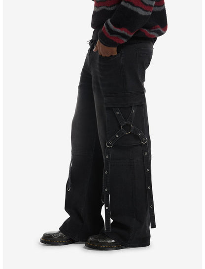 Dark Wash Grommet Suspender Strap Cargo Jeans - US 1765