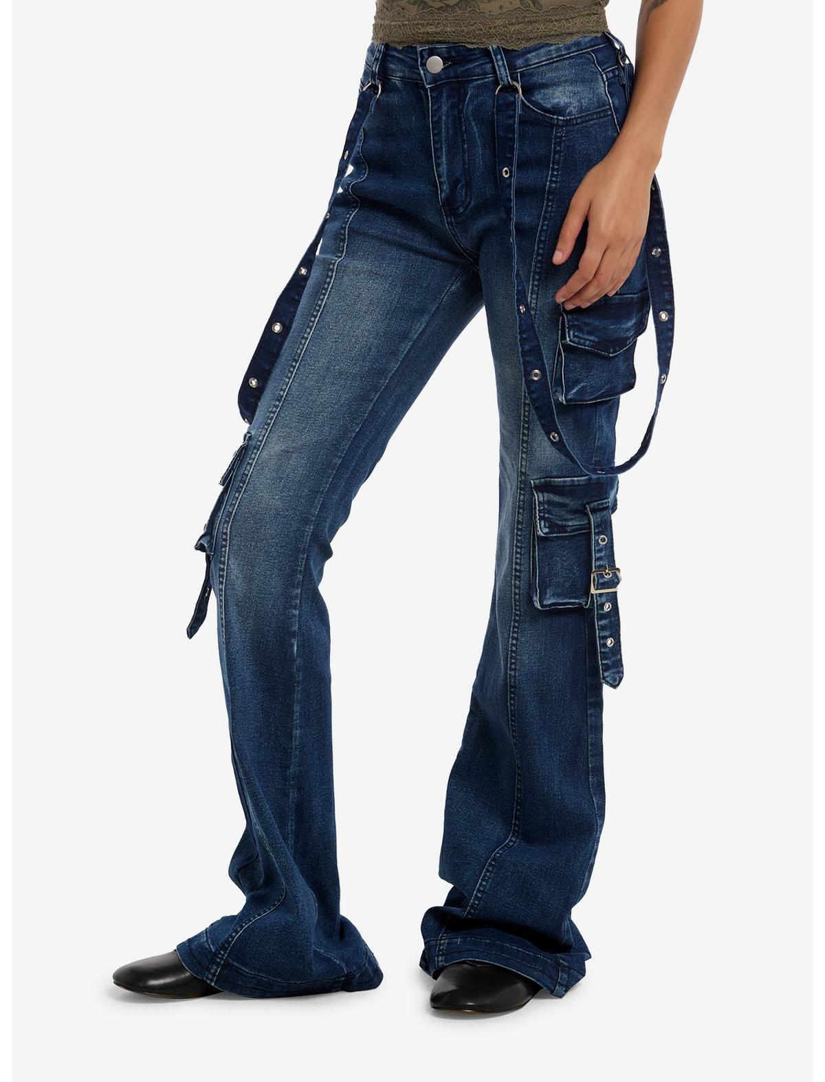 Indigo Suspender Cargo Flare Jeans - US 7110