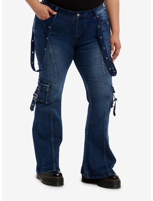Indigo Suspender Cargo Flare Jeans Plus Size - US 1659