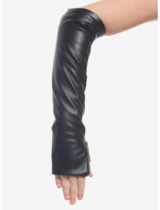 Black Faux Leather Zipper Arm Warmers - US 8284