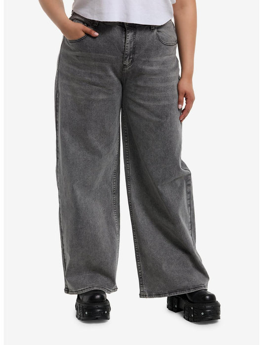 Grey Angel Wing & Skull Embroidered Wide Leg Jeans Plus Size - US 2543